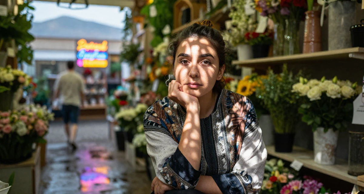 A timid Female From Tajikistan, studied civil engineering in their 23, learning to convert sensual confidence into stable income, wearing a artistic layered clothing, gripping a lapel in a flower shop.
