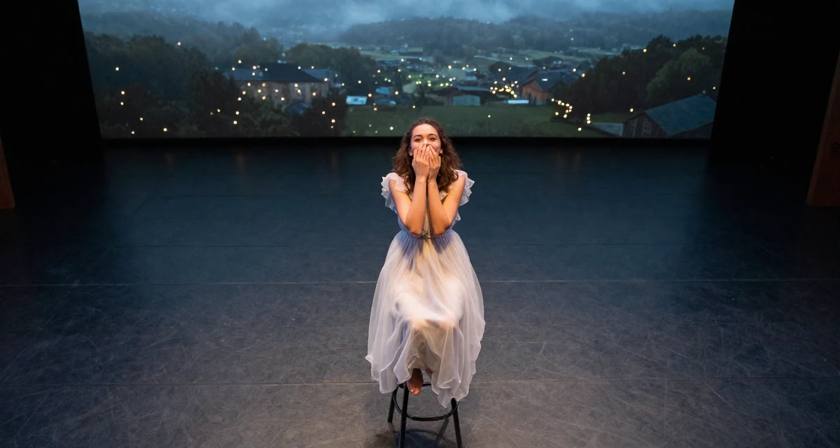 A spirited Female From Paris France, majored in cultural studies in their 25, coping with homesickness during first year away, wearing a ethereal spirit dress made of flowing sheer chiffon, covering a laugh with one hand in a empty theater stage.