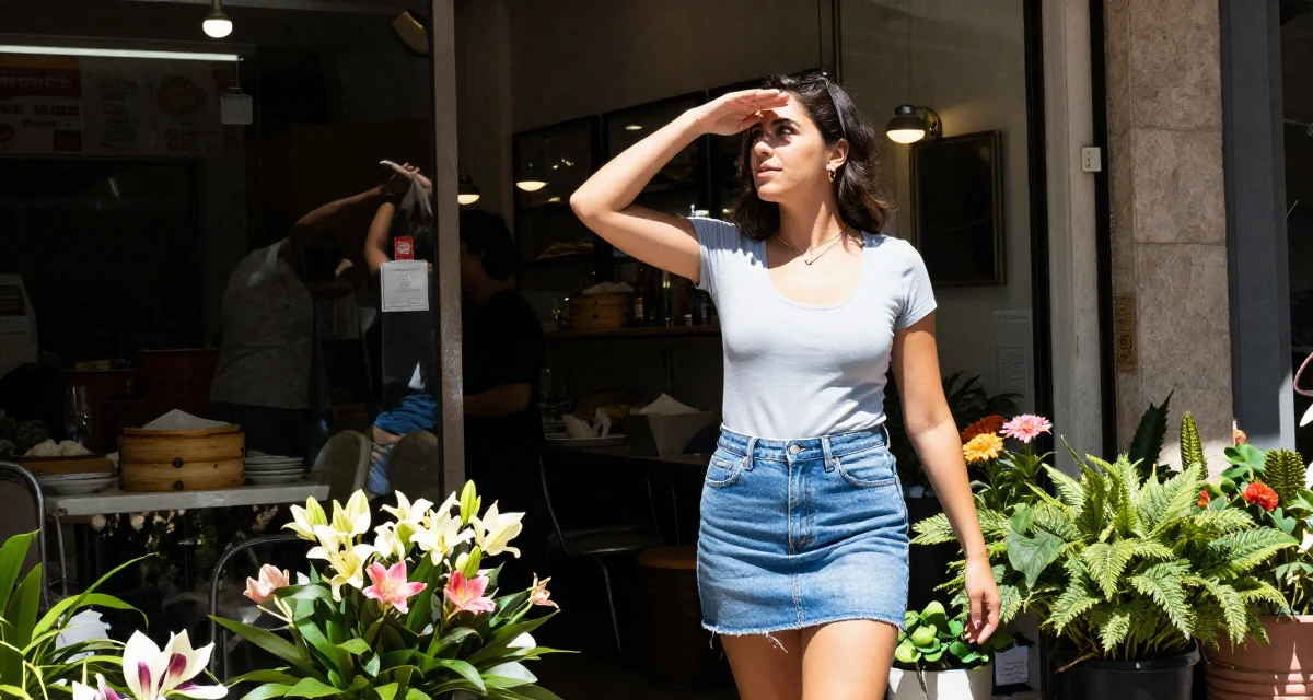 A inspired Female From Argentina, based in Buenos Aires, graduated from a media institute majoring in flirtatious content styling in their 22, sacrificing weekends for content planning, wearing a fitted scoop neck tee and a denim mini skirt, shading eyes from the sun in a flower shop entrance.