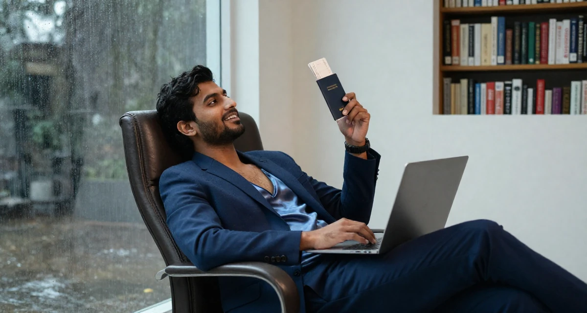 A charismatic male Born in India, studied data analytics for media in their 22, experimenting with online creative platforms, wearing a crisp navy blue blazer over a silk camisole and trousers, holding a passport or ticket in a quiet library corner.