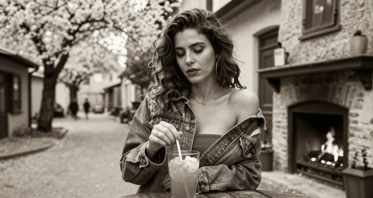 A wistful Female Once a gamer girl streamer, now expanding into lifestyle creator work in their 24, balancing sensuality with authenticity, wearing a denim jacket worn off-shoulder over a tube top, stirring a drink in a quaint European street.