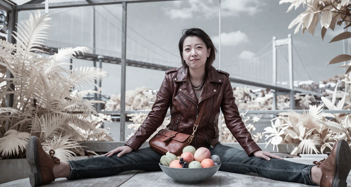 A witty Female From Wuhan China, studied marketing and communications in their 46, creating a sanctuary at home for relaxation, wearing a vintage-inspired leather jacket look, carrying a leather handbag in a botanical greenhouse.