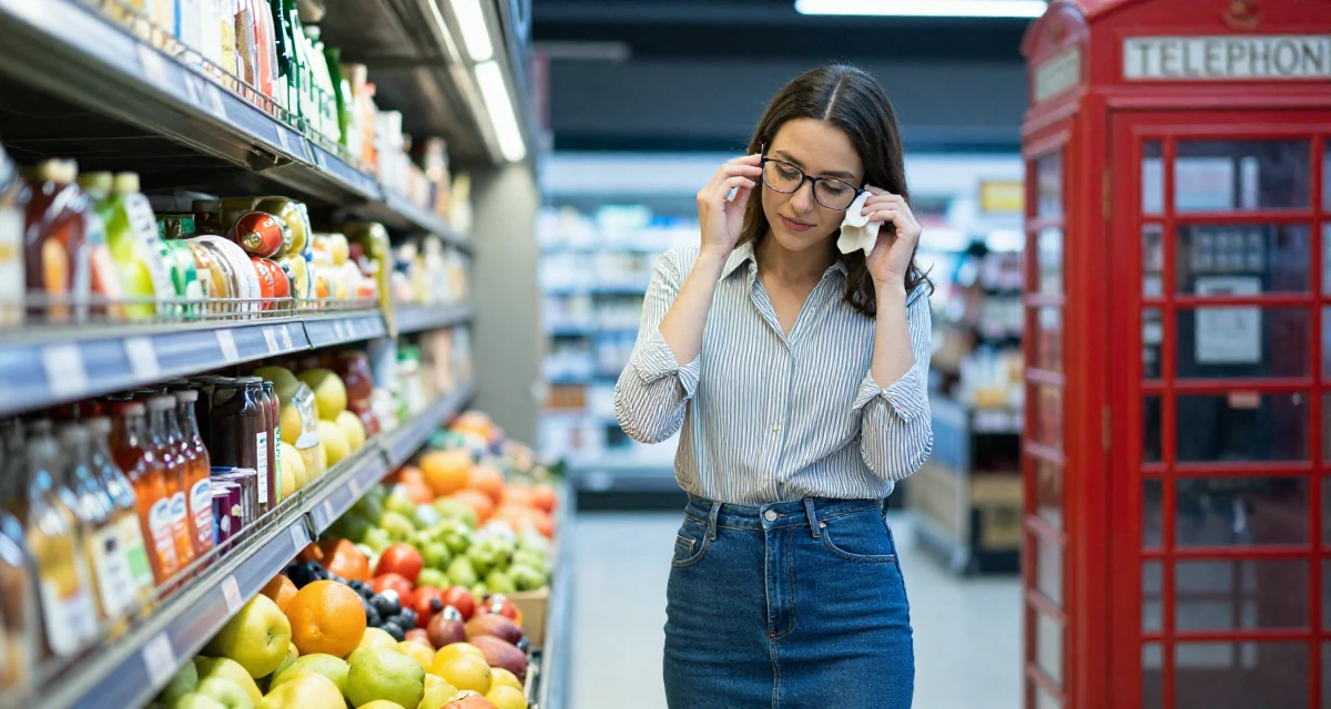 A compassionate Female Previously a travel-blog student, now turning trips into premium creator content in their 34, sharing the journey of infertility and hope, wearing a striped button-down shirt tucked into a denim pencil skirt, cleaning glasses with a cloth in a supermarket aisle.