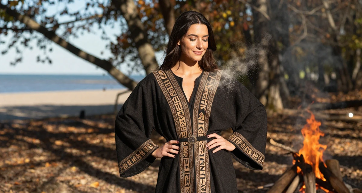 A smiling gently Female Once a biology lab intern, now crafting sensual science-themed content in their 22, planning monthly photoshoots on a tight budget, wearing a cultist robe with mysterious rune embroidery, dusting off the shoulder in a autumn forest.