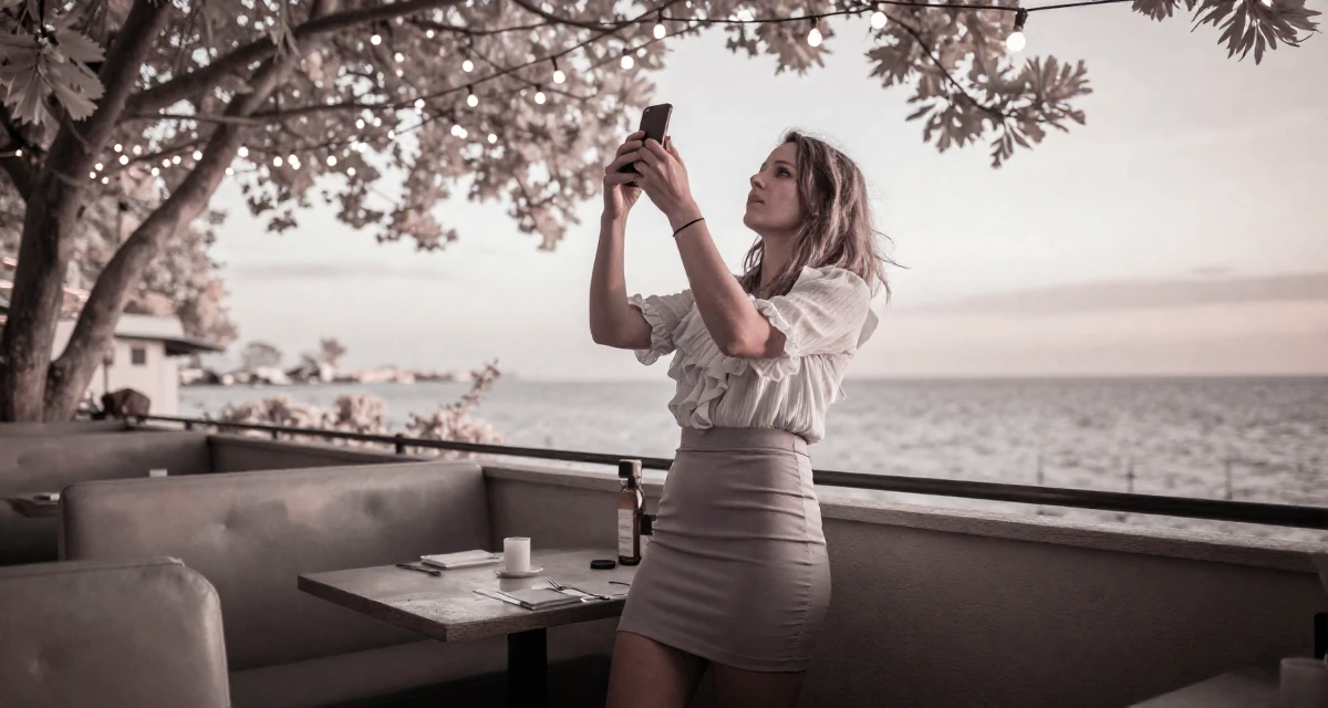 A vulnerable Female From Netherlands, studied digital media and interaction design in their 28, understanding that burnout is part of the cycle, wearing a ruffled blouse tucked into a tight mini skirt, snapping a photo with a phone in a restaurant booth.