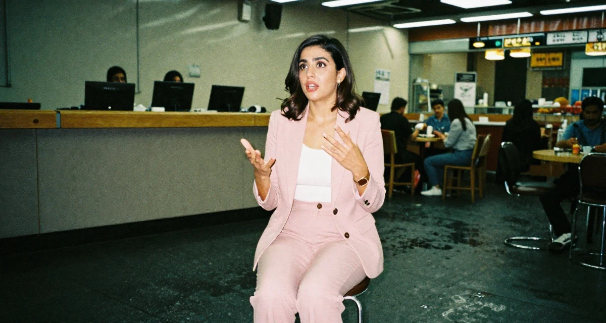 A engrossed Female From Abu Dhabi UAE, learned studio production and lighting design in their 20, navigating the awkwardness of early adulthood, wearing a tailored pantsuit in pastel pink with a white top, gesturing while talking in a lecture hall.