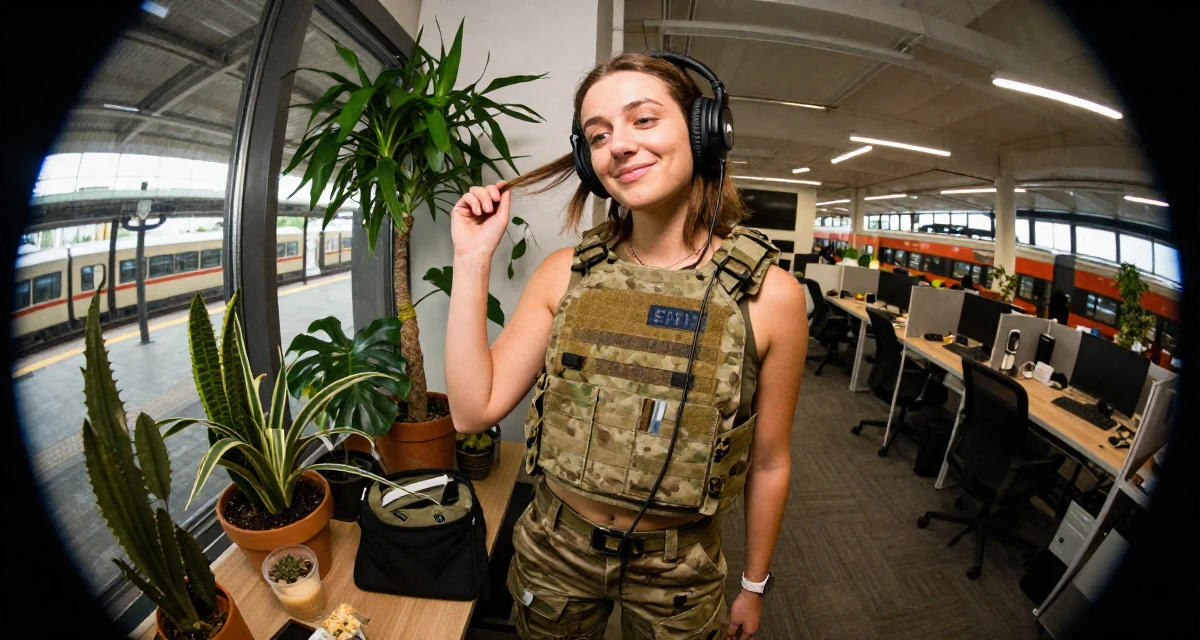 A softly smiling Female From Sweden, studied sociology in their 22, trying to look more professional than they feel, wearing a tactical military gear with a cropped vest and cargo pants, listening to music with headphones in a office break room.