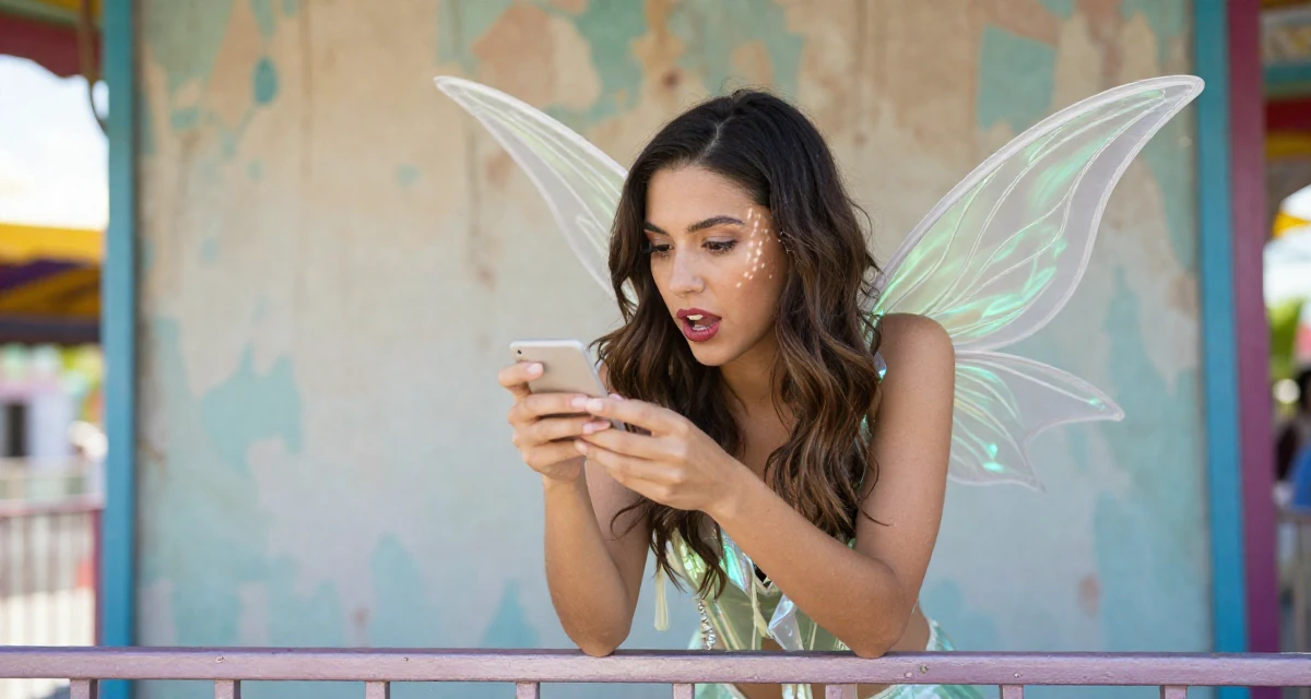 A eager Female From Miami USA, studied hospitality and tourism in their 23, radiating a quiet determination to succeed, wearing a fairy costume with translucent iridescent wings, inspecting an object in a carnival with rides.