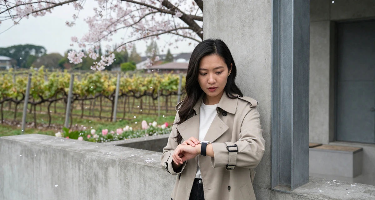 A curious Female From Singapore, based in Tampines, graduated from a polytechnic majoring in business analytics in their 26, seeking deeper meaning in daily work, wearing a stylish trench coat over basics, checking a wristwatch in a blooming flower garden.