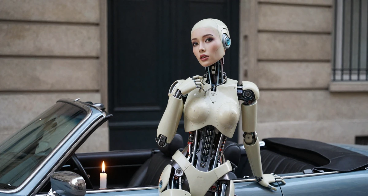 A whimsical Female From Chinese-speaking regions, majored in human resource development in their 20, capturing every moment for the aesthetic, wearing a cybernetic doll outfit with porcelain-like skin textures, fiddling with a necklace in a vintage convertible car.