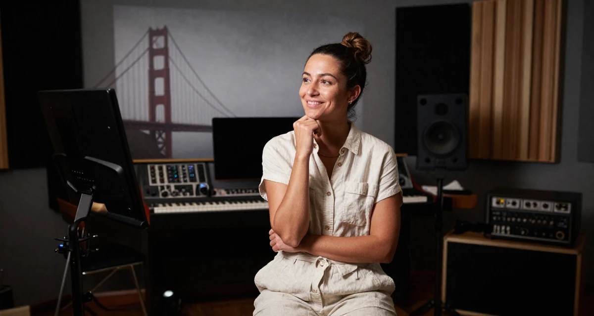 A joyful Female From Auckland New Zealand, studied animation in their 25, realizing no one teaches emotional labor in creator work, wearing a chic summer linen outfit, touching the chin thoughtfully in a music studio.