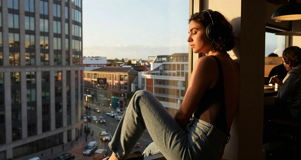 A sleepy Female From England, majored in philosophy in their 22, learning how to avoid scams and risky promo offers, wearing a open-back bodysuit with vintage denim jeans, listening to music with headphones in a high-rise office building.