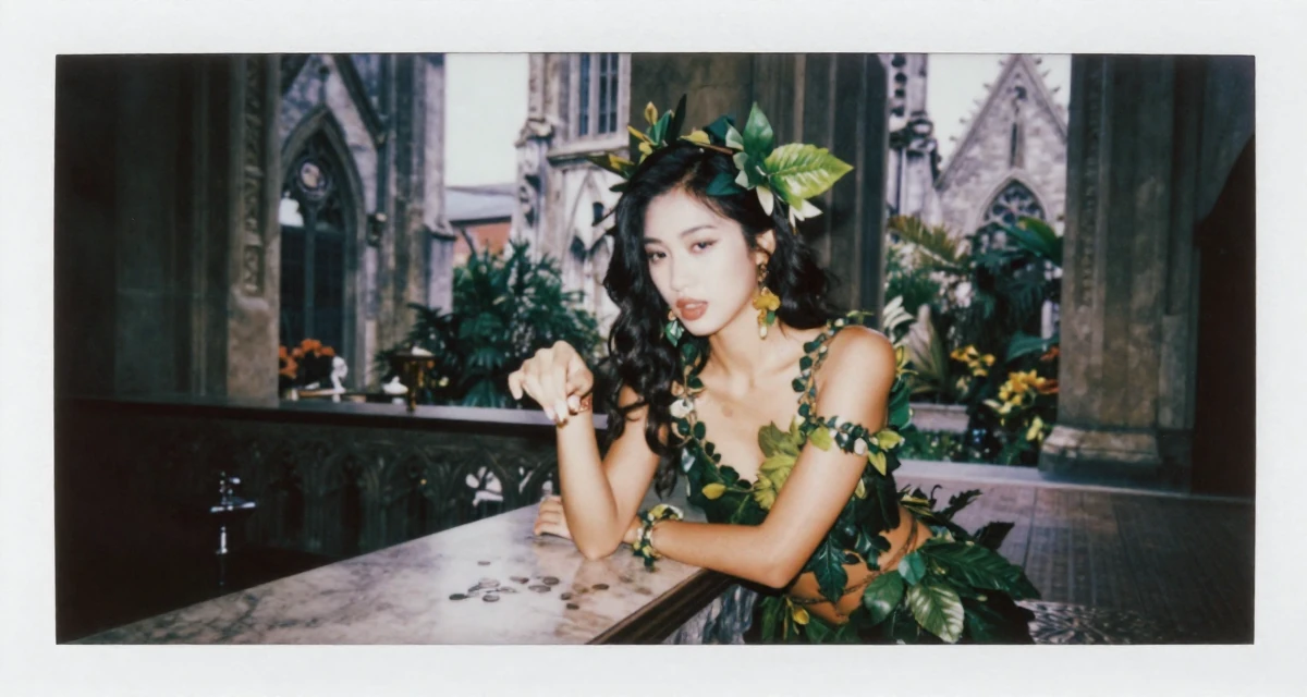 A sultry Female From Thailand, based in Phuket, graduated from a media academy majoring in tropical glamour production in their 33, documenting a cross-country road trip, wearing a forest dryad costume made of leaves and vines, flipping a coin in a gothic cathedral interior.