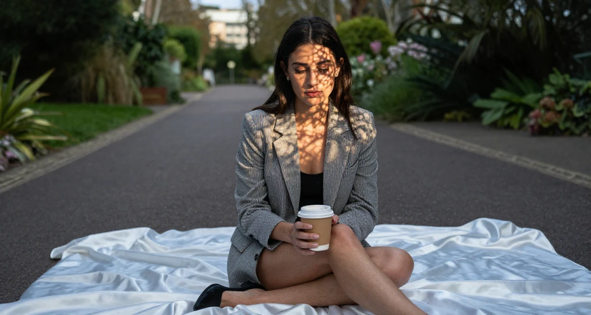 A focused Female Raised in the UK, studied marketing strategy in their 22, mourning the loss of the university community, wearing a structured blazer with shorts, holding a cup of coffee in a botanical garden.