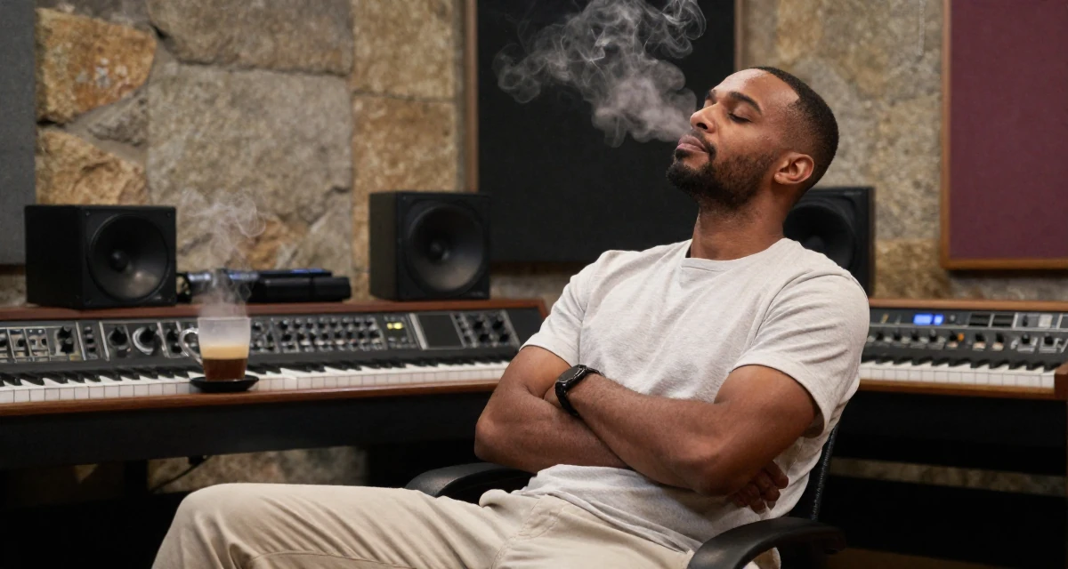 A zen-like male Born in Haiti, majored in international relations in their 41, focusing on financial independence and investing, wearing a clean, neutral-toned casual outfit, crossing arms confidently in a music studio.