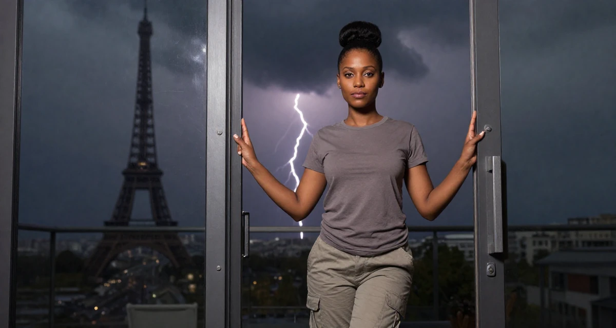 A mellow Female From Trinidad & Tobago, studied performing arts in their 25, radiating an elegant and poised vibe, wearing a simple t-shirt and cargo pants, pushing a door open in a modern apartment.