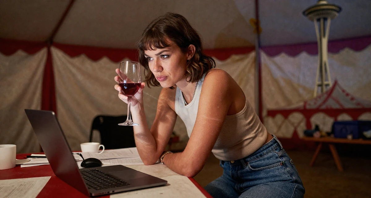 A cheeky Female Born in Norway, majored in consumer psychology in their 22, crafting content at midnight after work shifts, wearing a fitted ribbed tank top and high-waisted denim shorts, holding a wine glass by the stem in a circus tent interior.