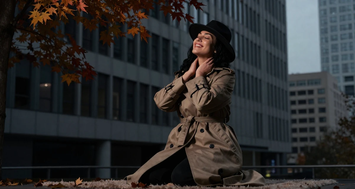 A vibrant and alive Female Previously a hotel receptionist, now a travel-inspired content creator in their 49, focusing on spiritual growth and grounding, wearing a detective trench coat and fedora hat, massaging the neck in a high-rise office building.