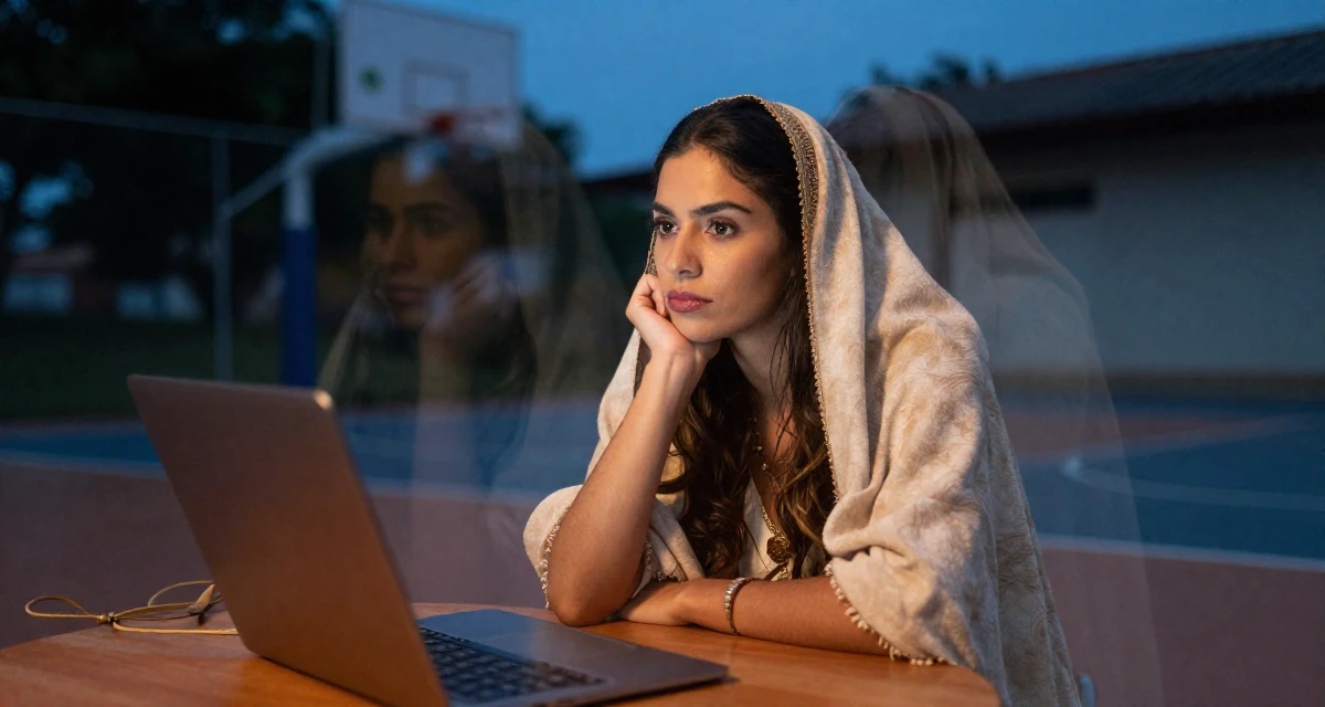 A ambitious Female From Brazil, studied software engineering in their 30, planning a dream wedding on a budget, wearing a desert nomad wrap outfit with a face veil, looking through a bag in a basketball court.