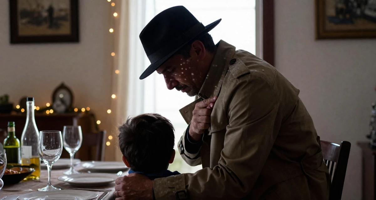 A dignified male From Córdoba Argentina, studied biomedical engineering in their 45, embracing the freedom of a child-free life, wearing a detective trench coat and fedora hat, dusting off the shoulder in a dining room.