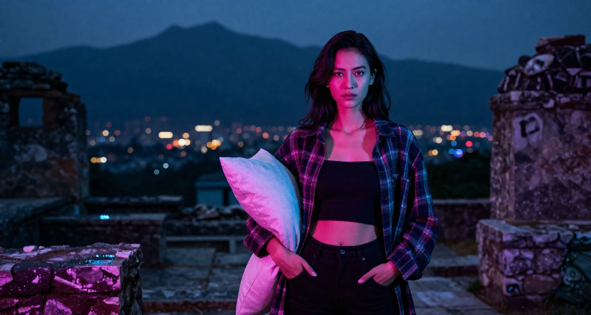 A determined Female From USA, majored in communications at a state university in their 24, handling the transition from student to adult identity, wearing a oversized flannel shirt unbuttoned over a crop top, hugging a pillow or cushion in a ancient stone ruins.