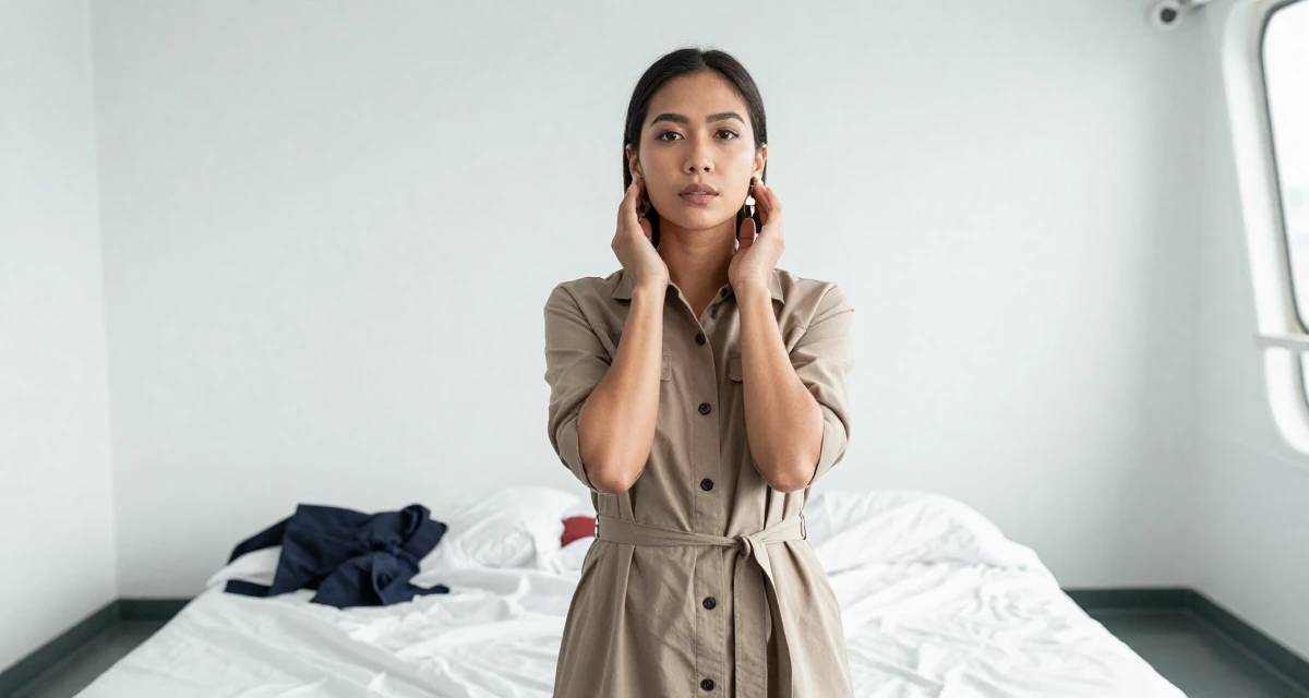 A lonely Female From Indonesia, based in Bali, graduated from an arts institute majoring in expressive digital portraits in their 49, looking forward to the freedom of 50, wearing a belted shirt dress with rolled sleeves, putting on earrings in a ferry deck.