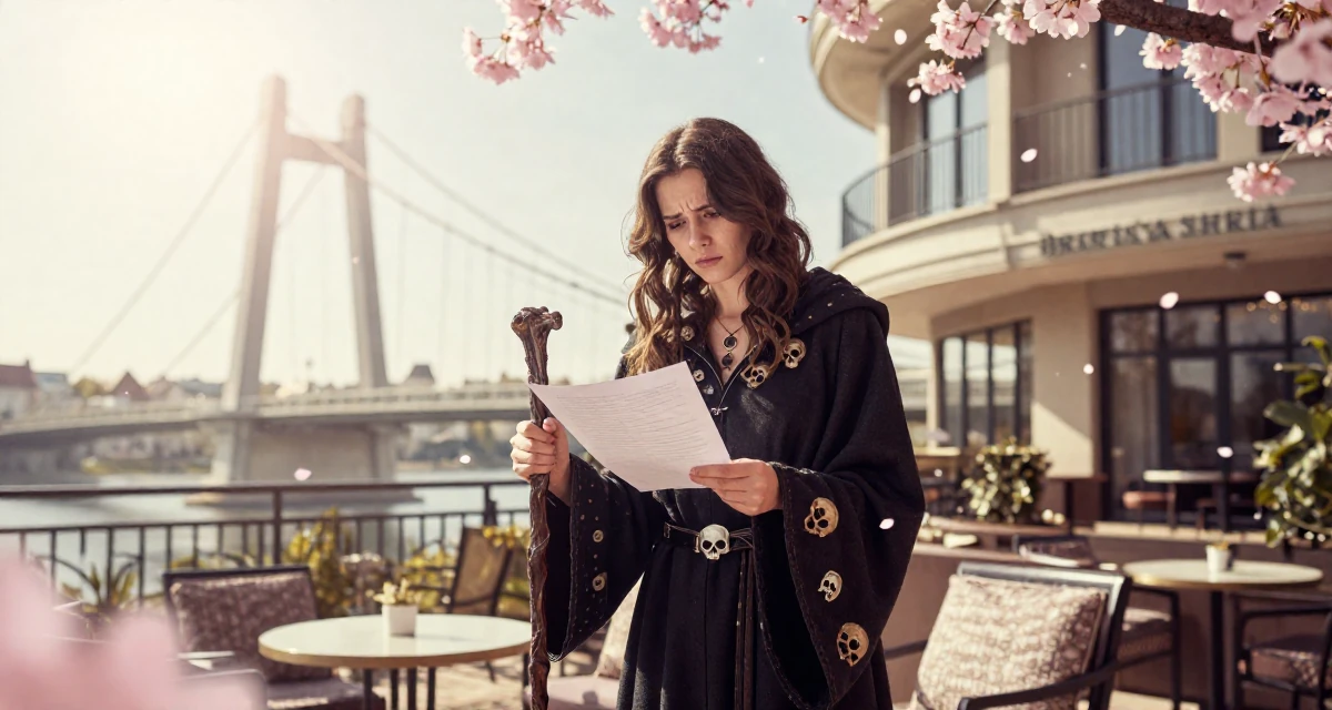 A troubled Female From Slovakia, based in Bratislava, graduated from a media school majoring in mood-driven digital design in their 25, upgrading equipment slowly as earnings grow, wearing a dark fantasy necromancer robe with skull motifs, holding a piece of paper in a luxury hotel lobby.
