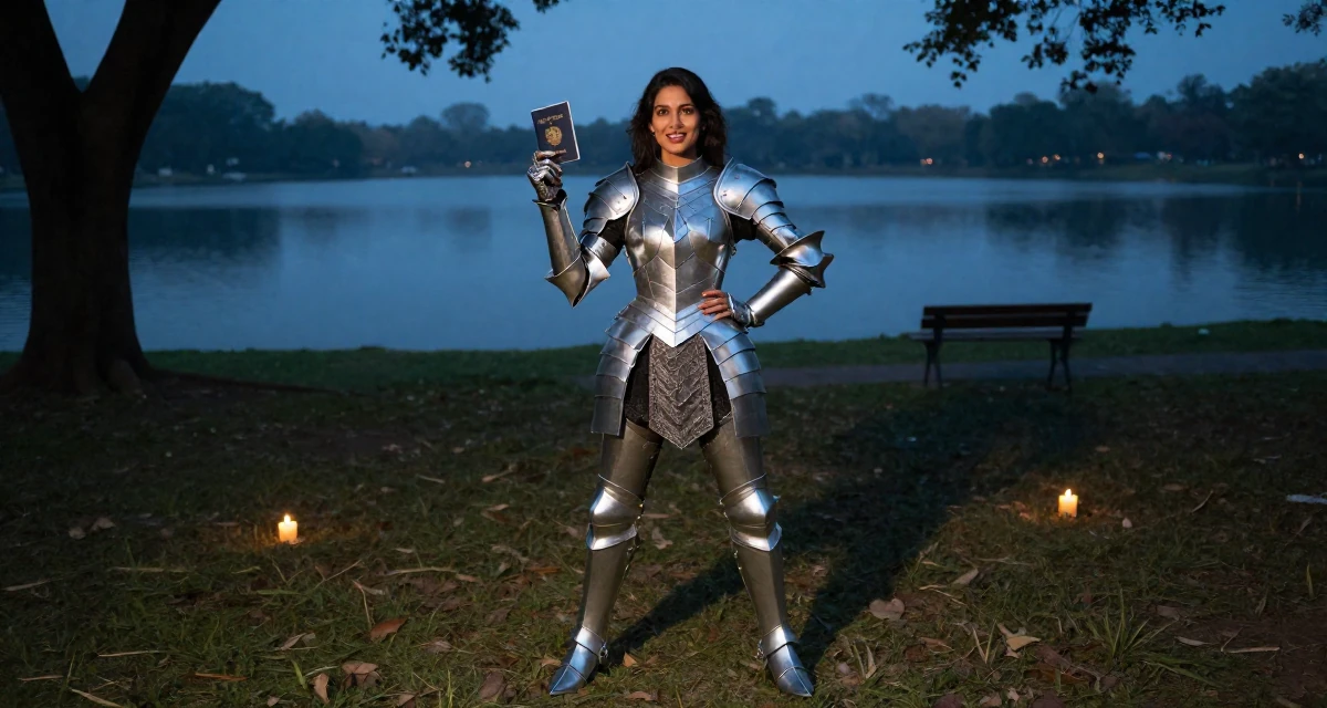 A enthusiastic Female From Bangalore India, holds a degree in software engineering in their 34, exuding quiet confidence and authority, wearing a fantasy warrior princess armor made of silver metal, holding a passport in a quiet park.