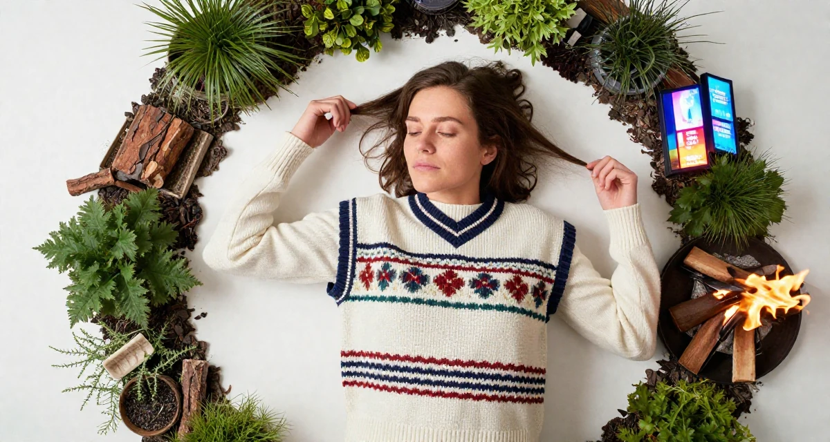 A tranquil Female From Gothenburg Sweden, studied sustainable development in their 25, starting to understand fan psychology, wearing a preppy sweater vest combo, pulling a sweater sleeves over hands in a campfire circle.