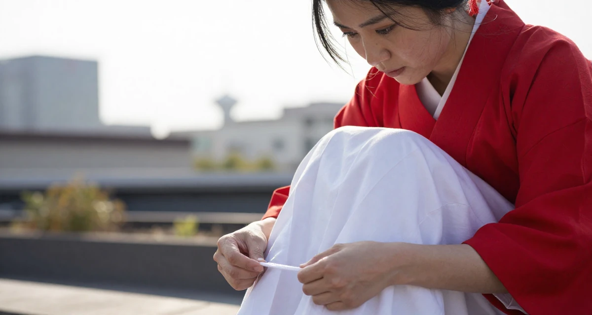 A curious and focused Female From Canada, studied kinesiology in their 28, realizing rebranding is emotionally draining, wearing a traditional Japanese miko priestess robe in red and white, tying a shoelace in a rooftop garden.