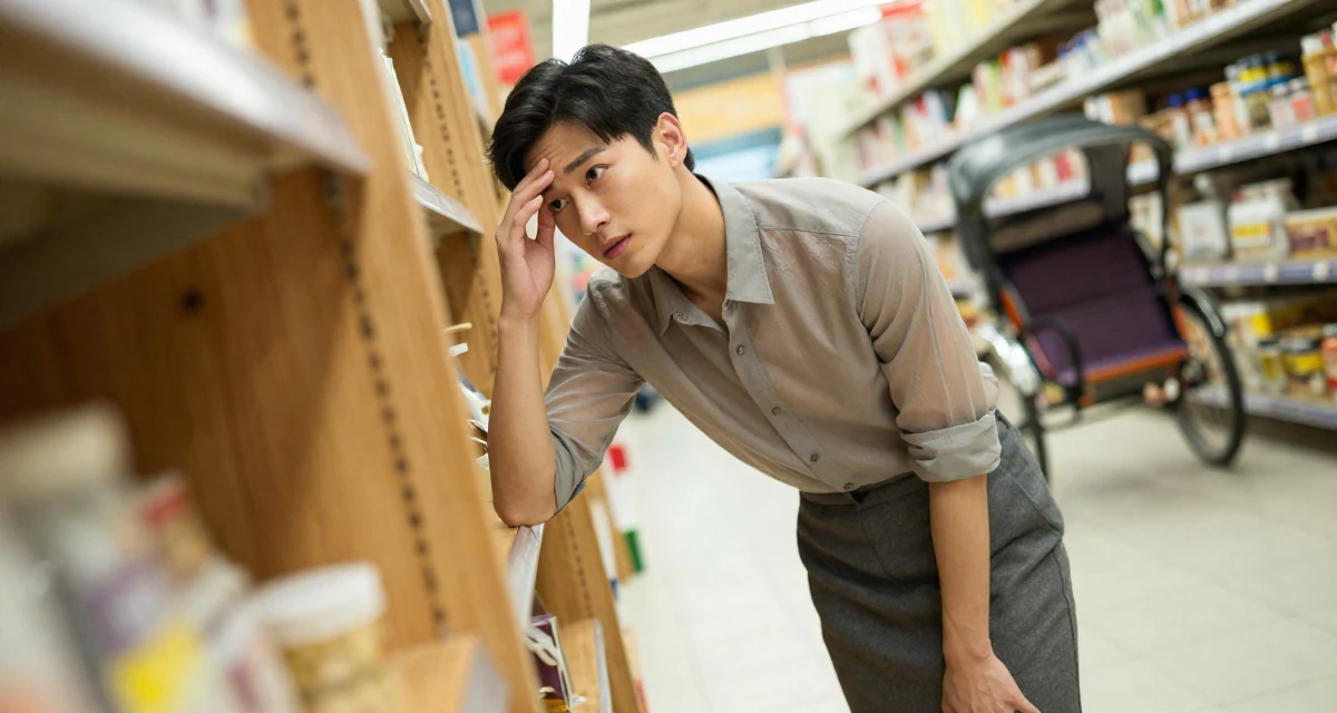 A observant male Former massage therapist, now offering wellness-focused content in their 22, learning how to communicate professionally, wearing a sheer sleeve blouse and a high-waisted skirt, resting a hand on the forehead in a supermarket aisle.
