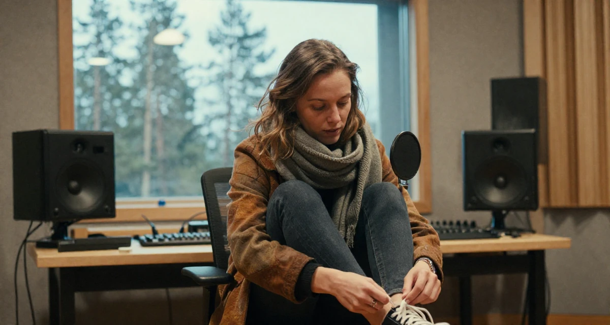A engrossed Female From Norway, studied renewable energy engineering in their 23, learning that creativity doesn’t pay rent—consistency does, wearing a layered autumn coat and scarf, tying a shoelace in a music recording studio.