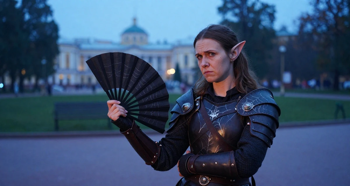 A impatient Female From Saint Petersburg Russia, studied fine arts in their 37, creating educational content for children, wearing a dark elf leather armor with spiderweb motifs, fanning self with a hand in a quiet park.