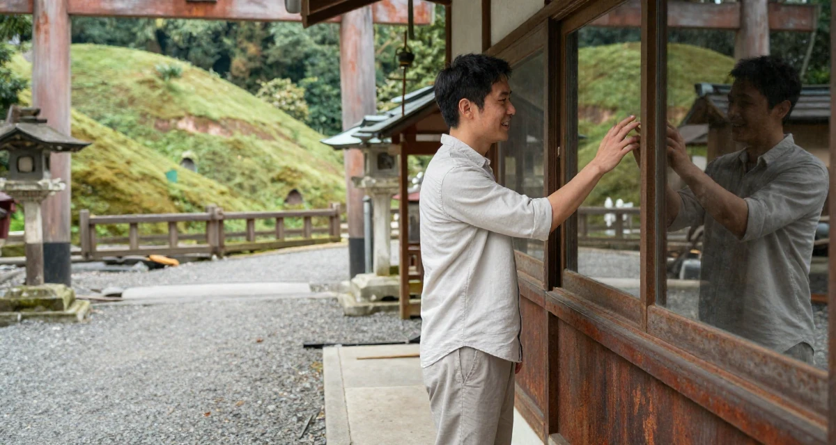 A cheerful male From United States, majored in development economics in their 25, discovering how lighting makes soft sensual vibes pop, wearing a clean, neutral-toned casual outfit, checking a reflection in a window in a Japanese Shinto shrine.