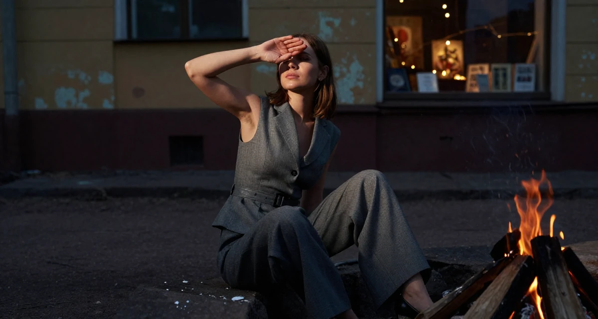 A cool and collected Female From Saint Petersburg Russia, studied fine arts in their 25, discovering what content feels comfortable or not, wearing a fitted waist coat and wide leg trousers, shading eyes from the sun in a campfire circle.