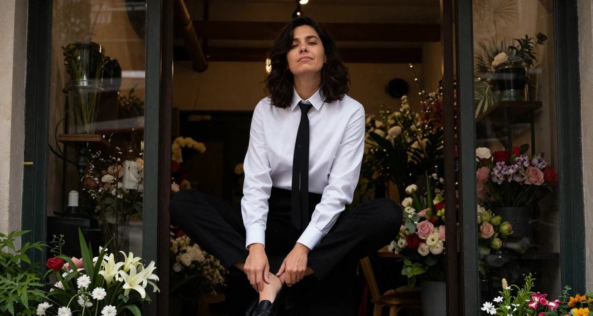 A relieved Female From Chile, majored in astronomy in their 30, standing tall with unshakeable dignity, wearing a white shirt with a black ribbon tie, holding a bouquet in a flower shop entrance.