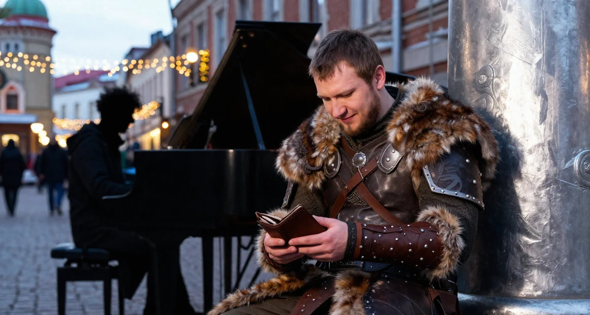 A witty male From Russia, has a background in piano performance in their 23, shifting from spontaneous posting to planned batches, wearing a viking shield-maiden outfit with fur and leather, checking a wallet in a historic downtown.