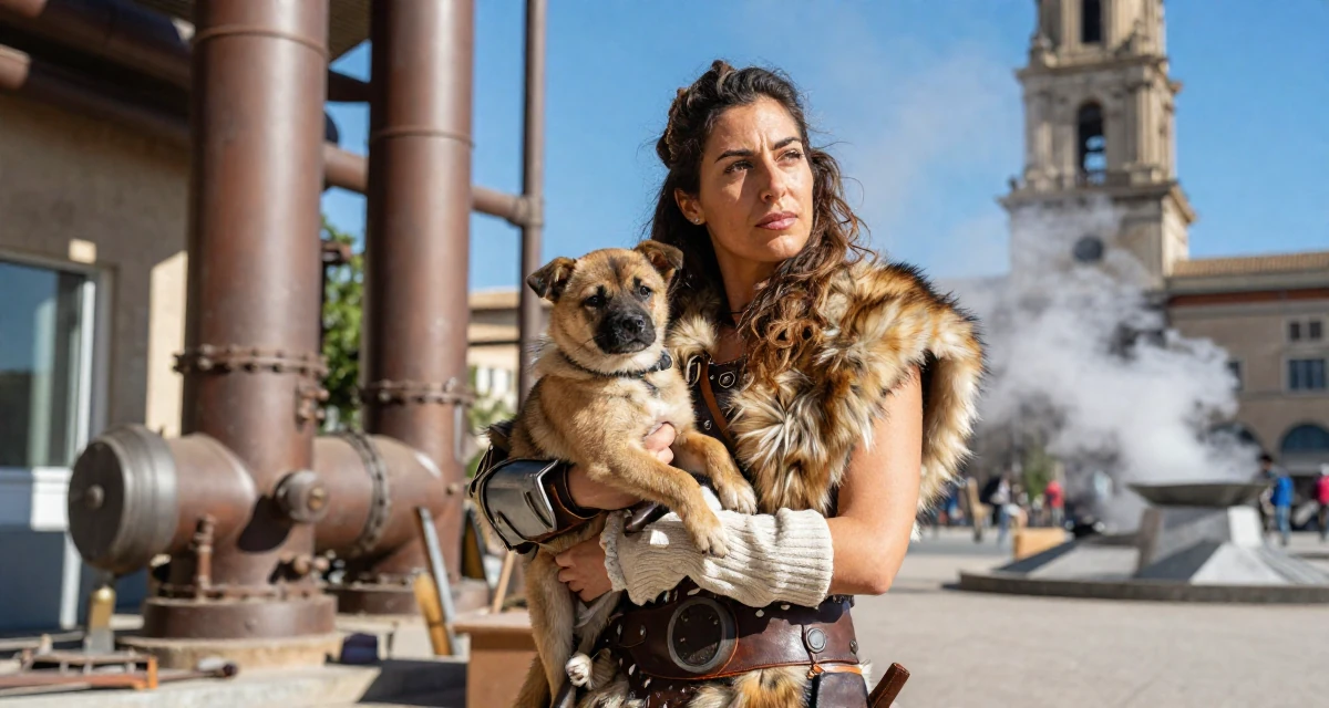 A soulful Female From Spain, majored in cultural management in their 40, sharing the joy of adoption and family, wearing a barbarian warrior outfit with faux fur and leather, pulling a sweater sleeves over hands in a artist workshop.