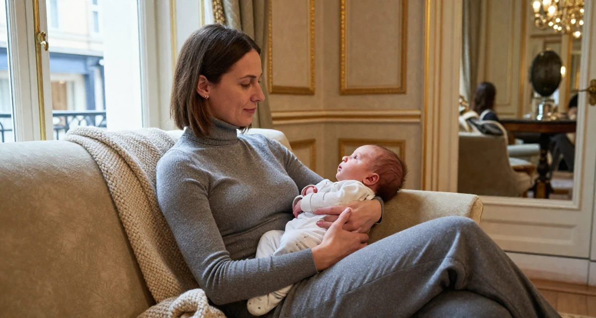 A shy Female From France, has a background in luxury brand management in their 35, caring for a newborn, wearing a sophisticated turtleneck and trousers, looking at a reflection in a window in a royal palace throne room.