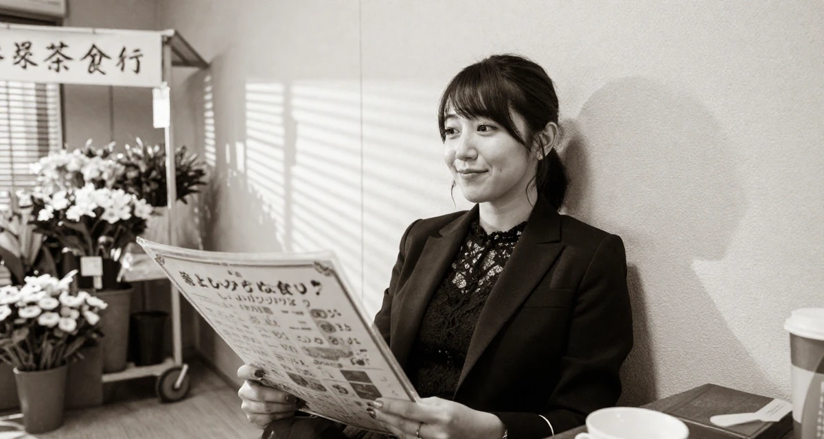 A satisfied Female From Japan, based in Fukuoka, graduated from a media college majoring in soft-glam creative production in their 21, full of rebellious spirit and curiosity, wearing a black lace top under a business suit, looking at a menu in a modern apartment.
