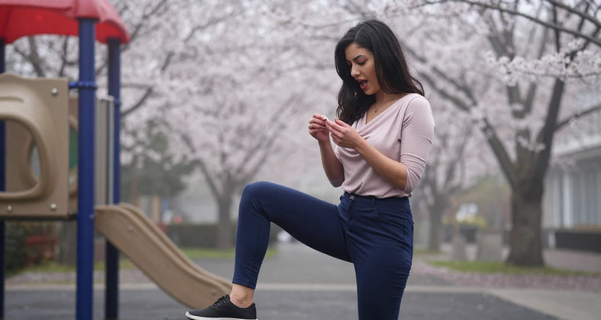 A energetic Female Once a junior chemist, now exploring creative body-lighting concepts in their 23, using confidence as the core of seductive branding, wearing a draped neckline top and fitted slacks, inspecting fingernails in a school playground.