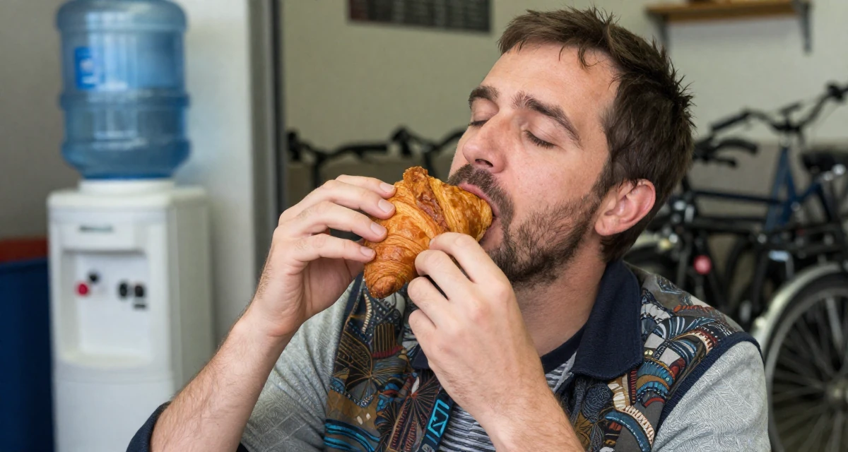 A focused male From France, studied philosophy at Sorbonne in their 40, sharing the joy of adoption and family, wearing a artistic layered clothing, eating a croissant in a mechanic garage.