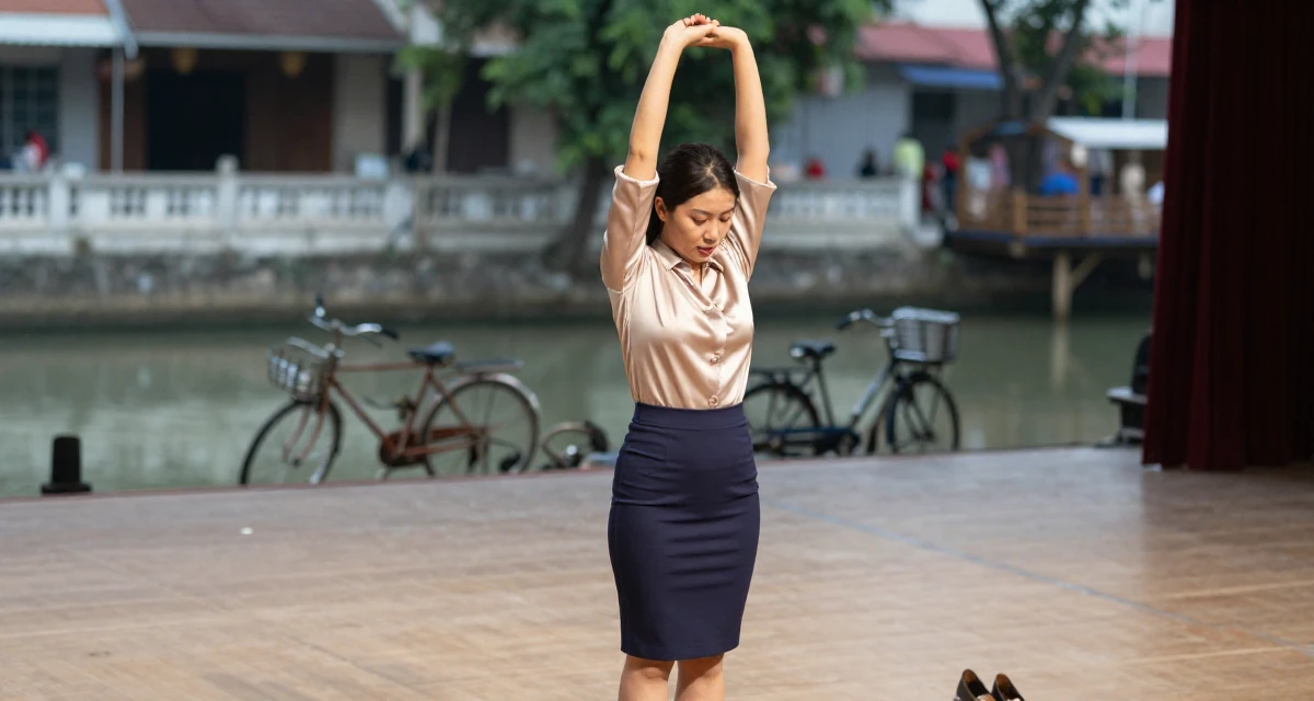 A sincere Female From Vietnam, majored in social work in their 24, balancing sensuality with authenticity, wearing a tight pencil skirt and a tucked-in silk blouse, looking down at shoes in a empty theater stage.