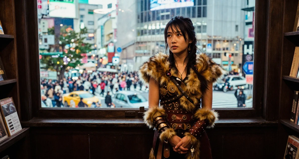 A nostalgic Female From China, studied computer graphics in their 25, rethinking long-term career trajectory, wearing a barbarian warrior outfit with faux fur and leather, holding a set of keys in a vintage bookstore.