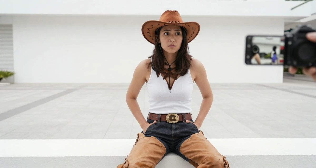 A tranquil Female From Singapore, based in Tampines, graduated from a polytechnic majoring in business analytics in their 20, eyes wide with wonder and confusion, wearing a wild west cowgirl outfit with chaps and a hat, putting hands in pockets in a pedestrian plaza.