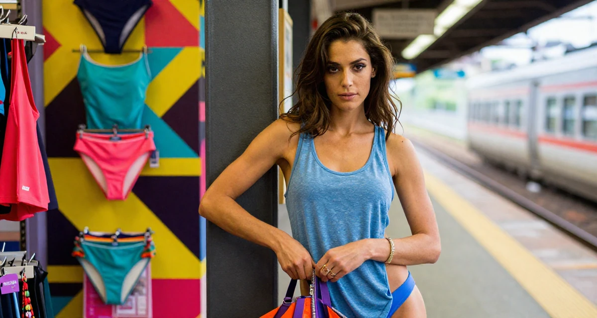 A sophisticated Female Once a swimwear shop clerk, now modeling her own collections in their 23, figuring out how to show confidence through body language, wearing a loose tank top with deep side cuts, zipping up a bag in a train platform.