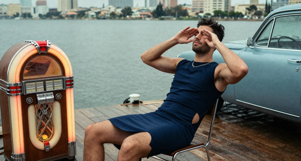 A carefree male From Israel, based in Tel Aviv, graduated from an arts program majoring in sensual character creation in their 25, still unsure how to price beginner subscriptions, wearing a navy blue pencil skirt with a back slit, rubbing eyes in a serene lakeside dock.