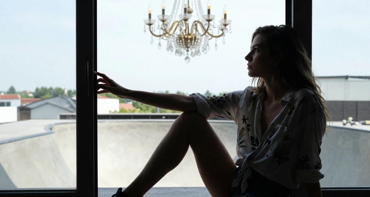 A romantic Female From Austria, based in Graz, graduated from an arts academy majoring in emotional portrait direction in their 25, fully owning a bold, seductive creator identity, wearing a relaxed vacation shirt, pushing a door open in a skate park.