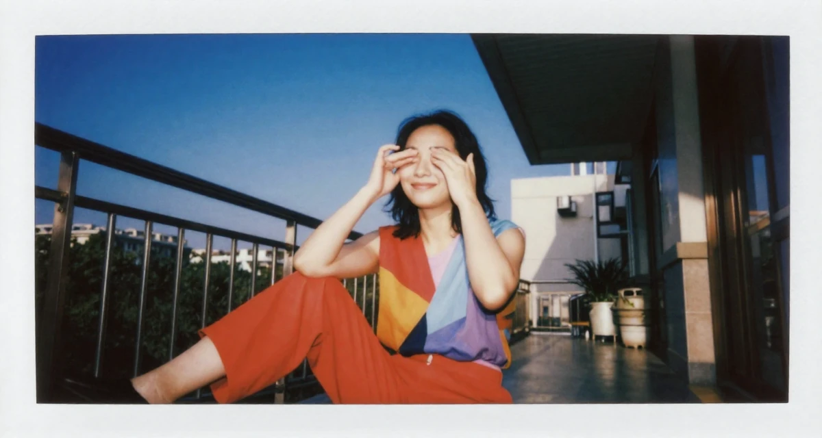 A smiling gently Female From Shanghai China, grew up studying dance and digital arts in their 42, sharing the journey of perimenopause health, wearing a bold color-block outfit, rubbing eyes in a hospital corridor.