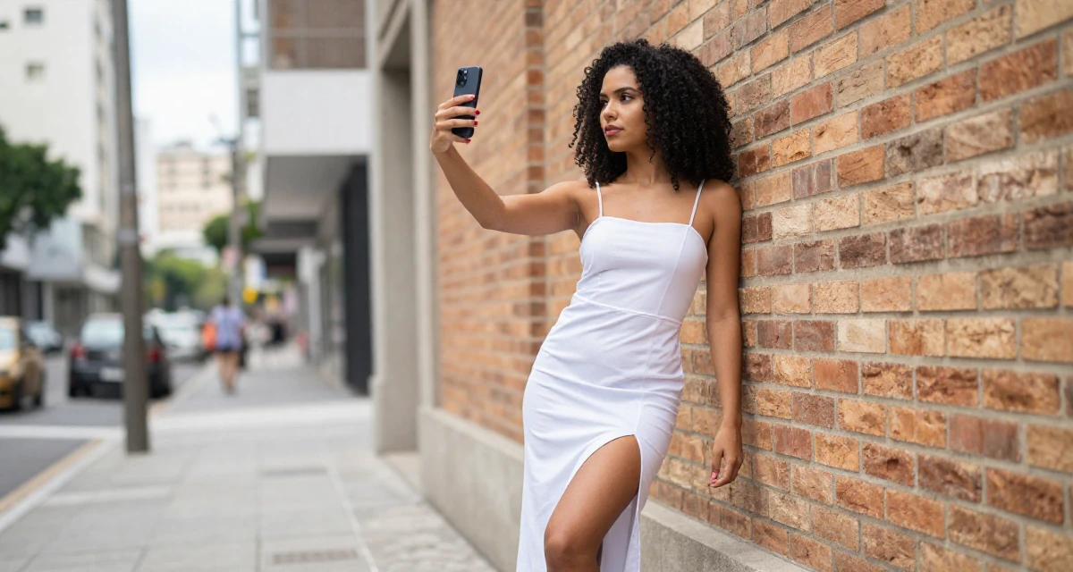A deeply thinking Female From São Paulo Brazil, practiced samba dance and sensual movement in their 21, feeling the pressure of impending graduation, wearing a spaghetti strap summer dress with a high slit, posing for a selfie in a urban street.